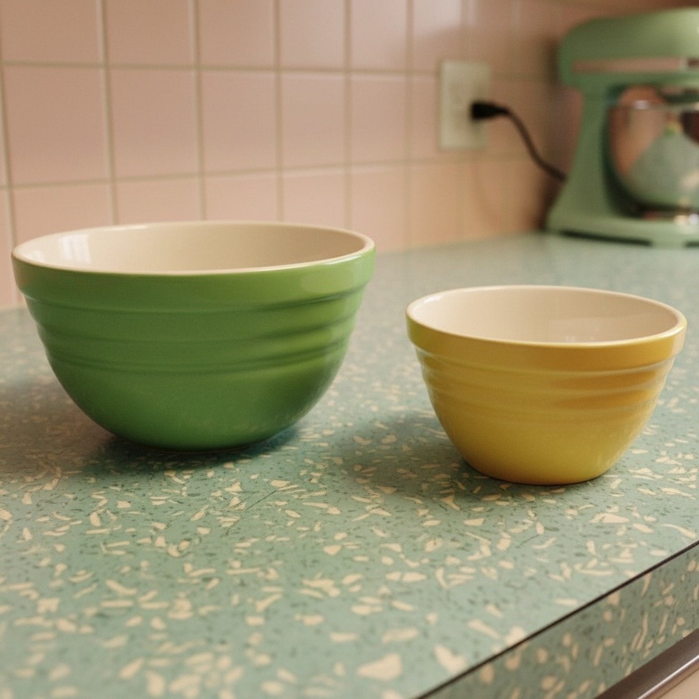 Cooks Tools Nesting Bowls, Set of 2, Vintage Ribbed Ceramic Kitchenware Bakeware
